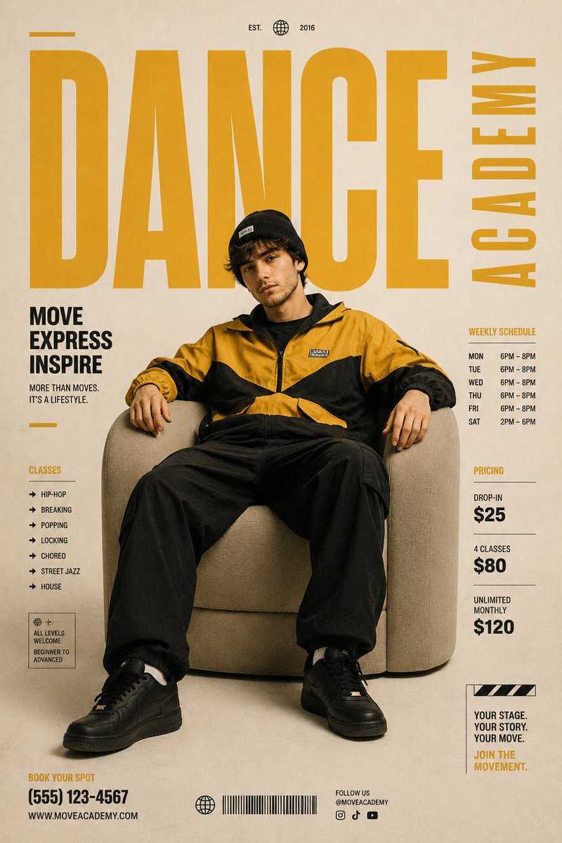 Minimalist Contemporary Dance Academy Promotional Poster Featuring a Confident Teenage Hip-hop Dancer Seated Casually