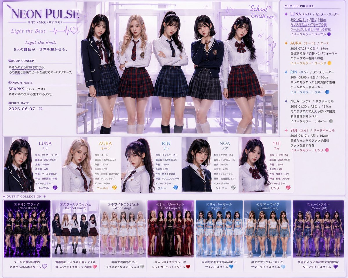 Goal Create a Polished Japanese Idol Group Profile Poster for Neon Pulse