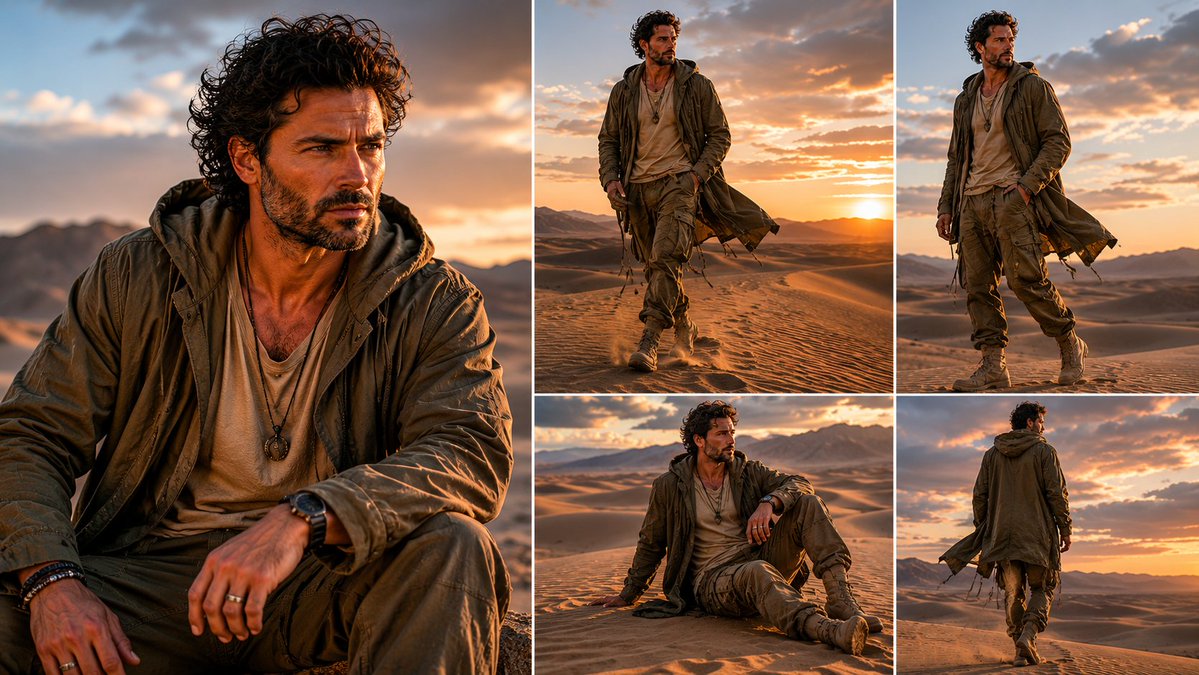 Goal Create a Cinematic Five-panel Character Photo Collage of a Rugged Male Desert Wanderer