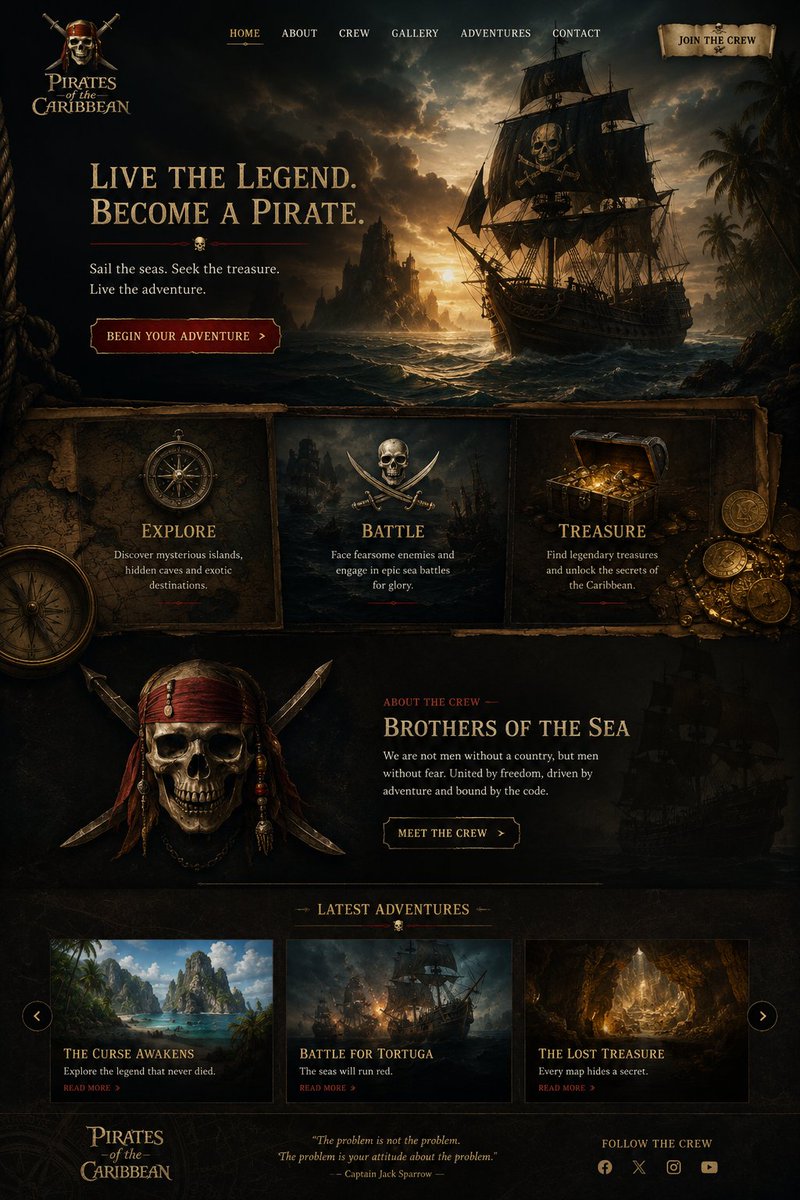 Goal Create a Dark Cinematic Pirate-themed Landing Page for Pirates of the Caribbean