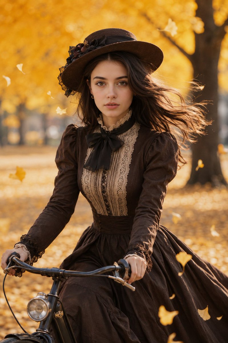 An Ultra-realistic Cinematic Portrait of a Beautiful Young Woman Riding a Vintage Black Bicycle