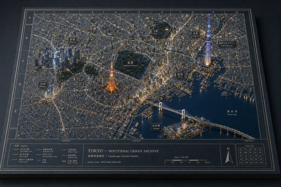 Goal Create a Highly Detailed 3d Miniature Diorama Map Titled Tokyo — Nocturnal Urban Archive