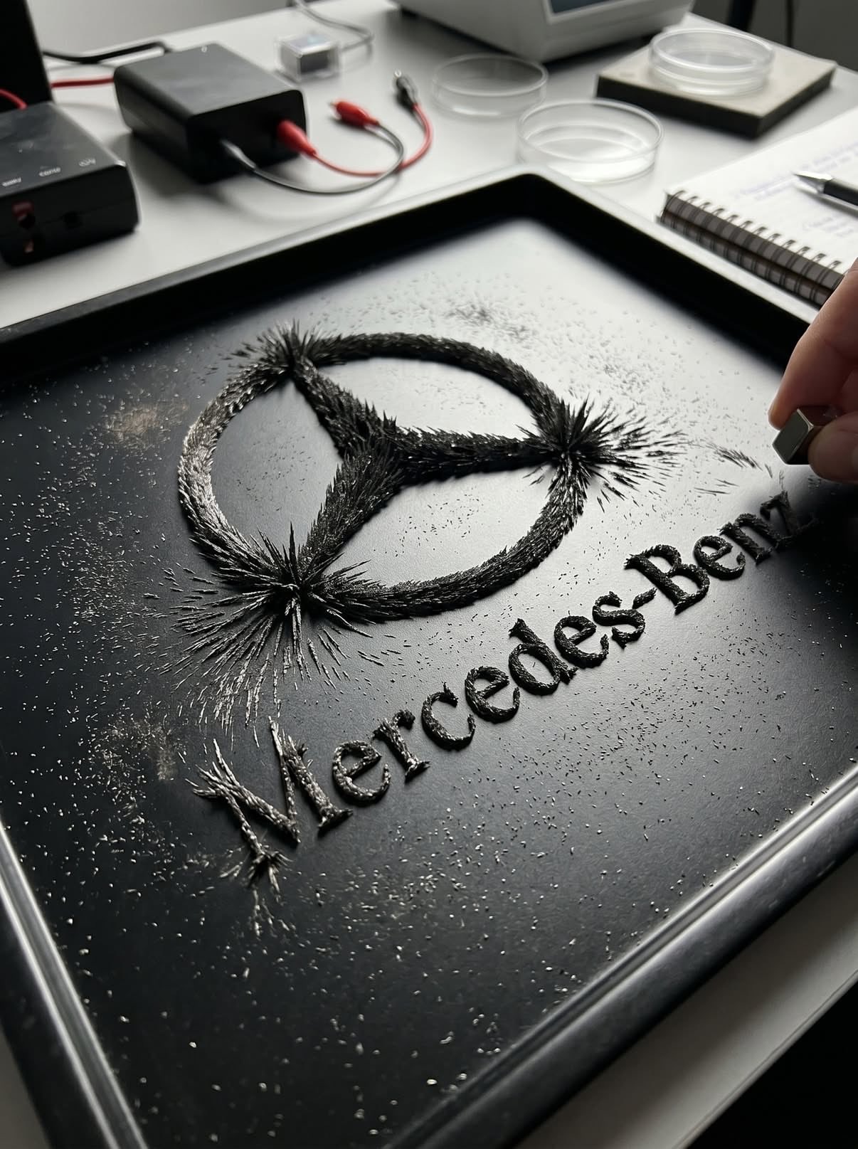 Uploaded Logo into a Hyper-realistic Scene Where the Logo Silhouette Is Formed By Iron Filings