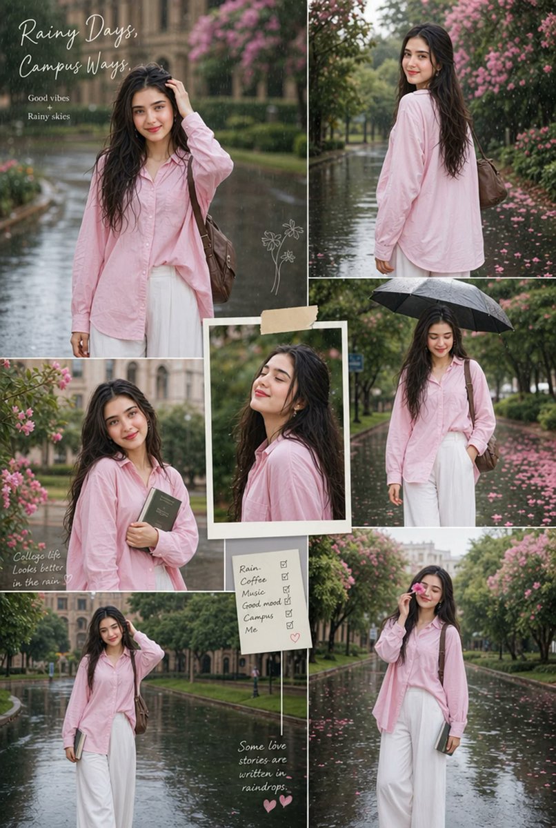 Aesthetic Rainy-season College Portrait Collage Featuring Stylish Young Woman Wears a Pink Oversized Shirt