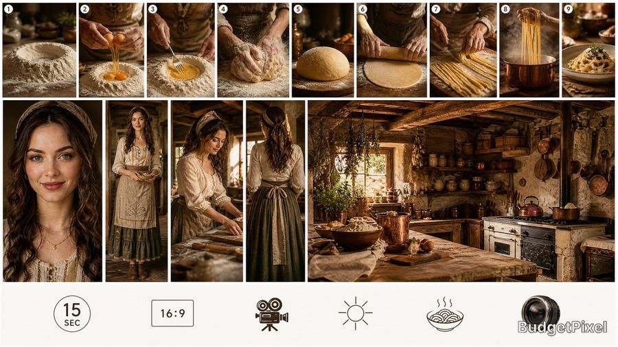 Goal Create One Single Composite Reference Sheet for a 15-second Realistic Pasta-making Tutorial Video