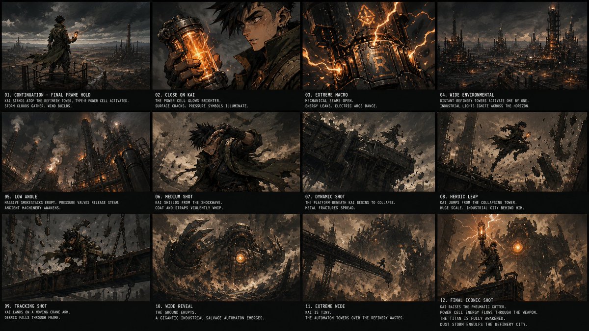 Goal Create a Dark Cinematic Storyboard/contact Sheet for an Action-fantasy Steampunk Sequence Starring Kai