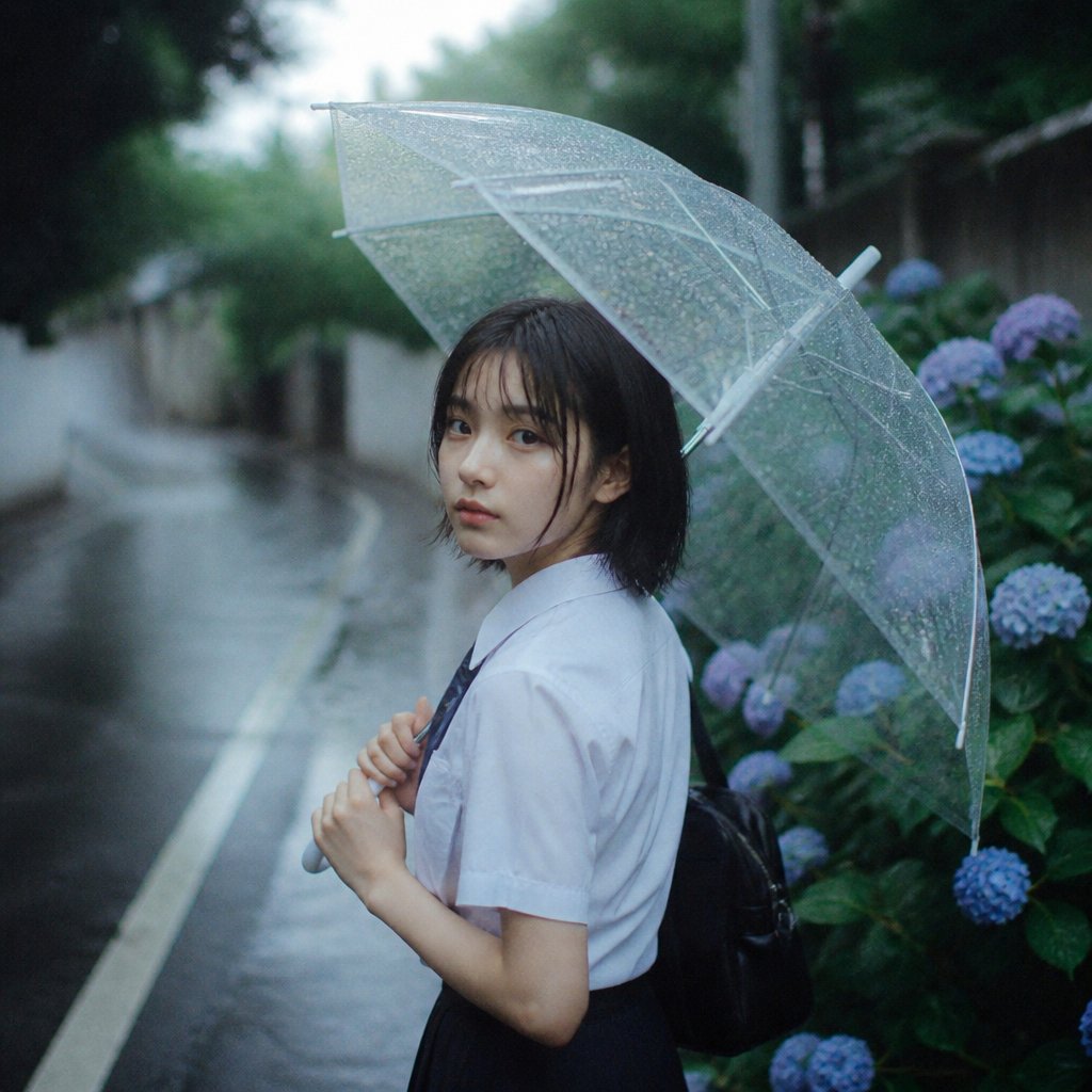 Moody Cinematic Square Portrait Photograph of a Japanese High School Girl Standing on a Narrow