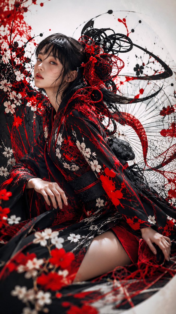 Dramatic Vertical High-fashion Portrait of a Young Japanese Woman in an Ornate Black Kimono