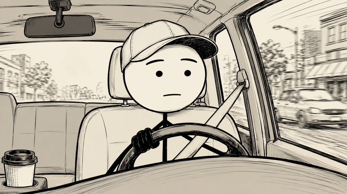 Widescreen 169 Black-and-white Hand-drawn Ink Illustration from the Perspective of the Front Dashboard Inside