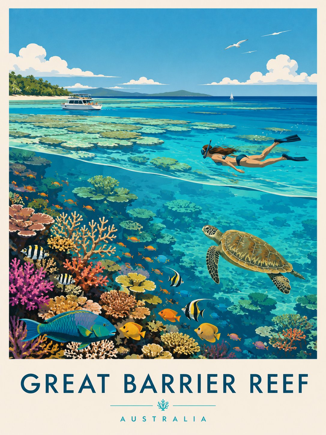Editorial Travel Poster Illustration of the Great Barrier Reef