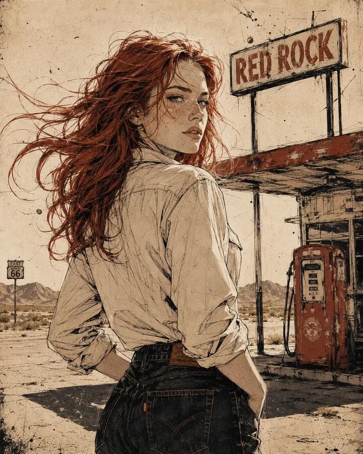 Ultra-detailed Vintage Americana Illustration of a Confident Young Woman Standing At a Deserted Roadside Gas