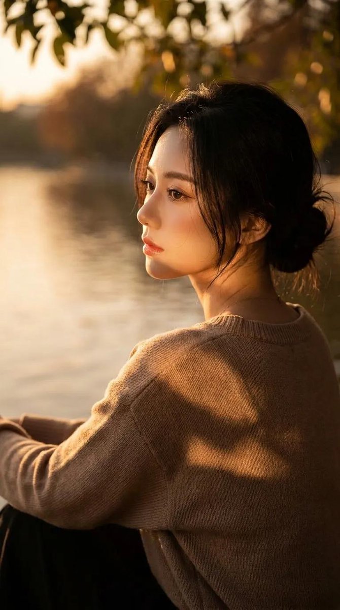 An Ultra-realistic Cinematic Portrait of a Beautiful Young Woman Sitting Peacefully Beside a Calm Lake