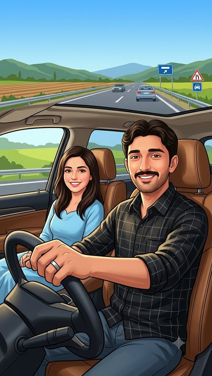 Digital Illustration Viewed from Inside a Modern Car Driving Along a Wide Rural Highway During