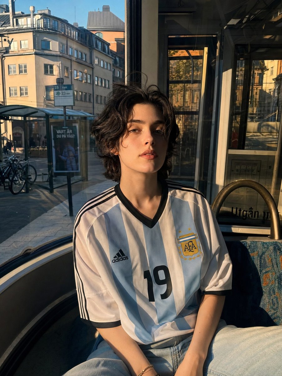 Candid Portrait of a Young Person with Short Wavy Dark Hair Wearing an Oversized Argentina