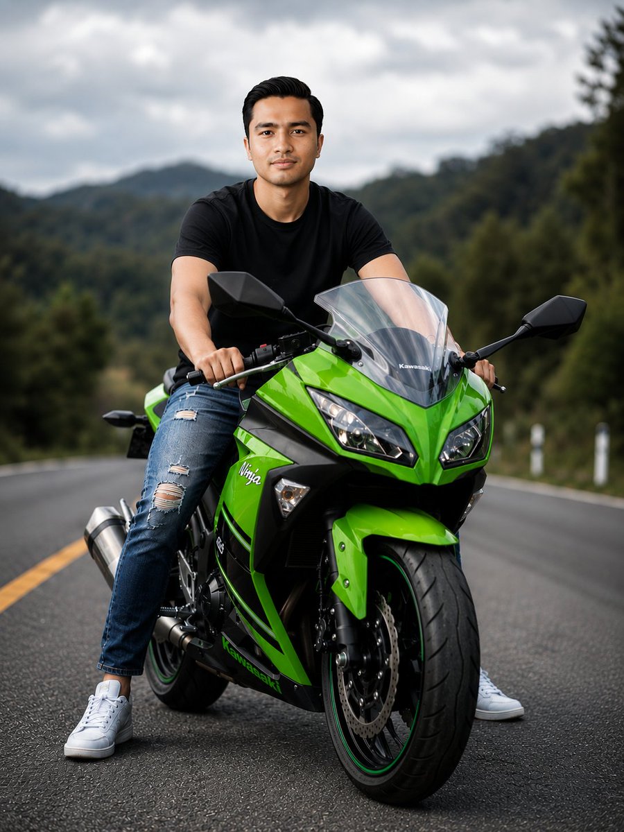 Wide Portrait of a Young Man Sitting Astride a Vivid Green Sport Motorcycle Parked