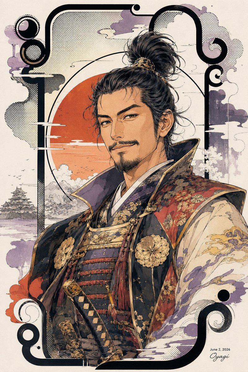 Vertical 23 Japanese Ukiyo-e Inspired Anime Illustration of Oda Nobunaga as a Stylish Mature Warlord