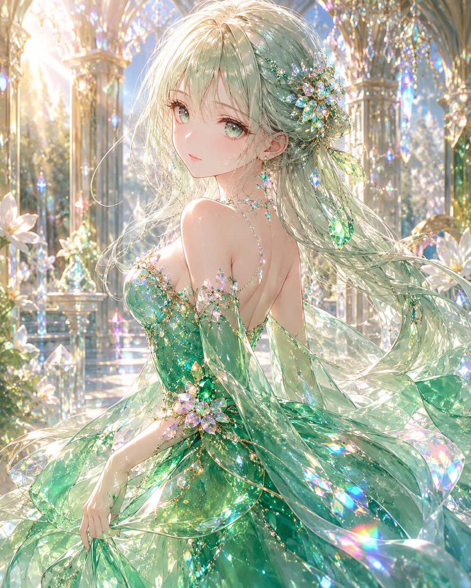 Fantasy Anime Illustration of an Elegant Young Woman in a Radiant Crystal Palace