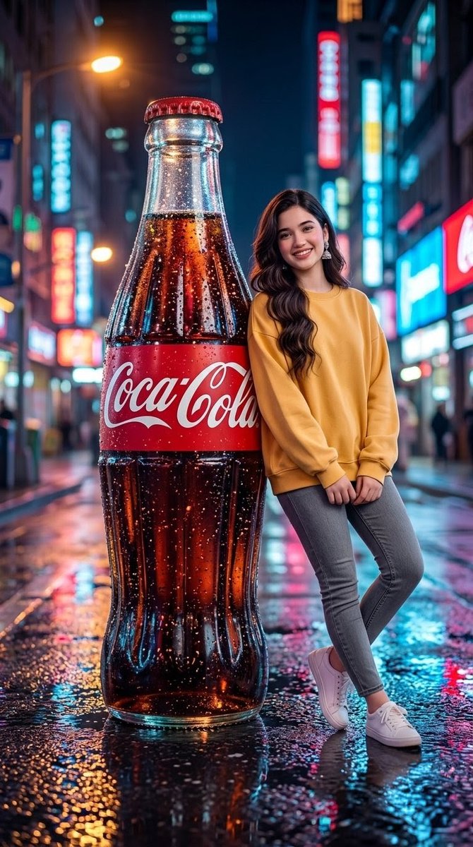 Ultra-realistic Nighttime Advertisement Scene Featuring a Giant Glass Coca-cola Bottle Standing on a Wet Neon-lit