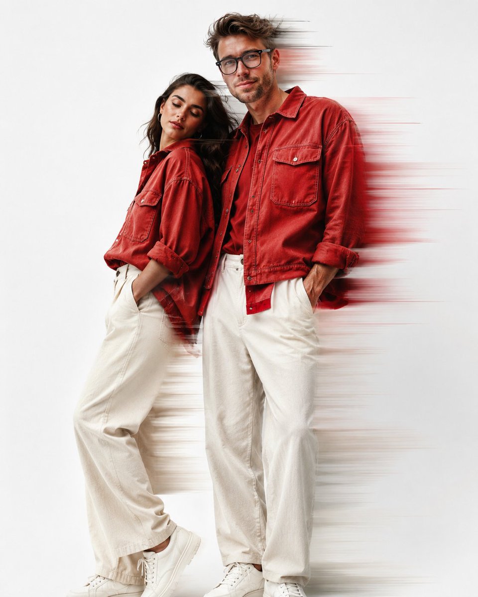 A Uploaded Image Create Fashion Editorial Portrait of Stylish Adults Standing a Clean Light-gray Studio