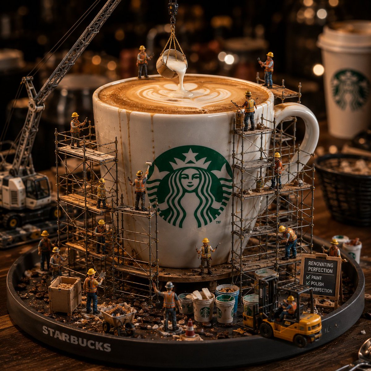 A Hyper-realistic Scene Featuring Miniature Construction Workers Renovating a Giant Starbucks Coffee Cup