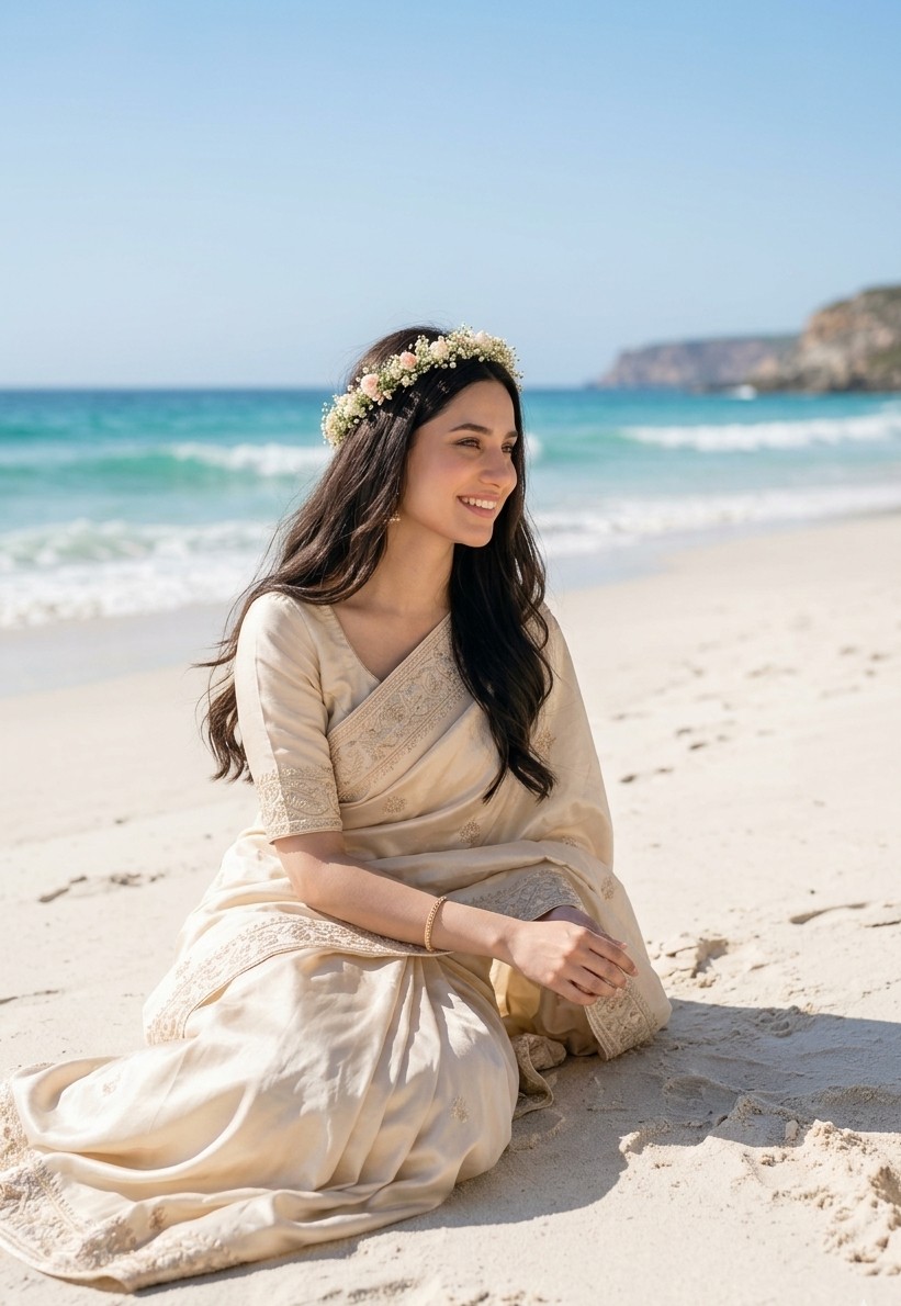 Vertical Beach Portrait of a Graceful South Asian Woman Sitting Alone on Pale Sand Beside