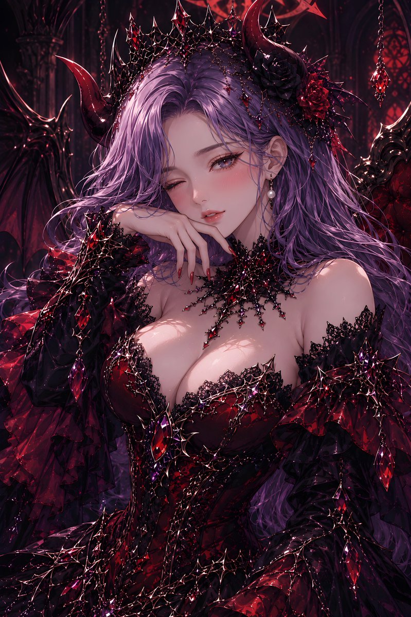 Vertical Dark Fantasy Anime Illustration of an Adult Demon Queen or Vampiric Sorceress