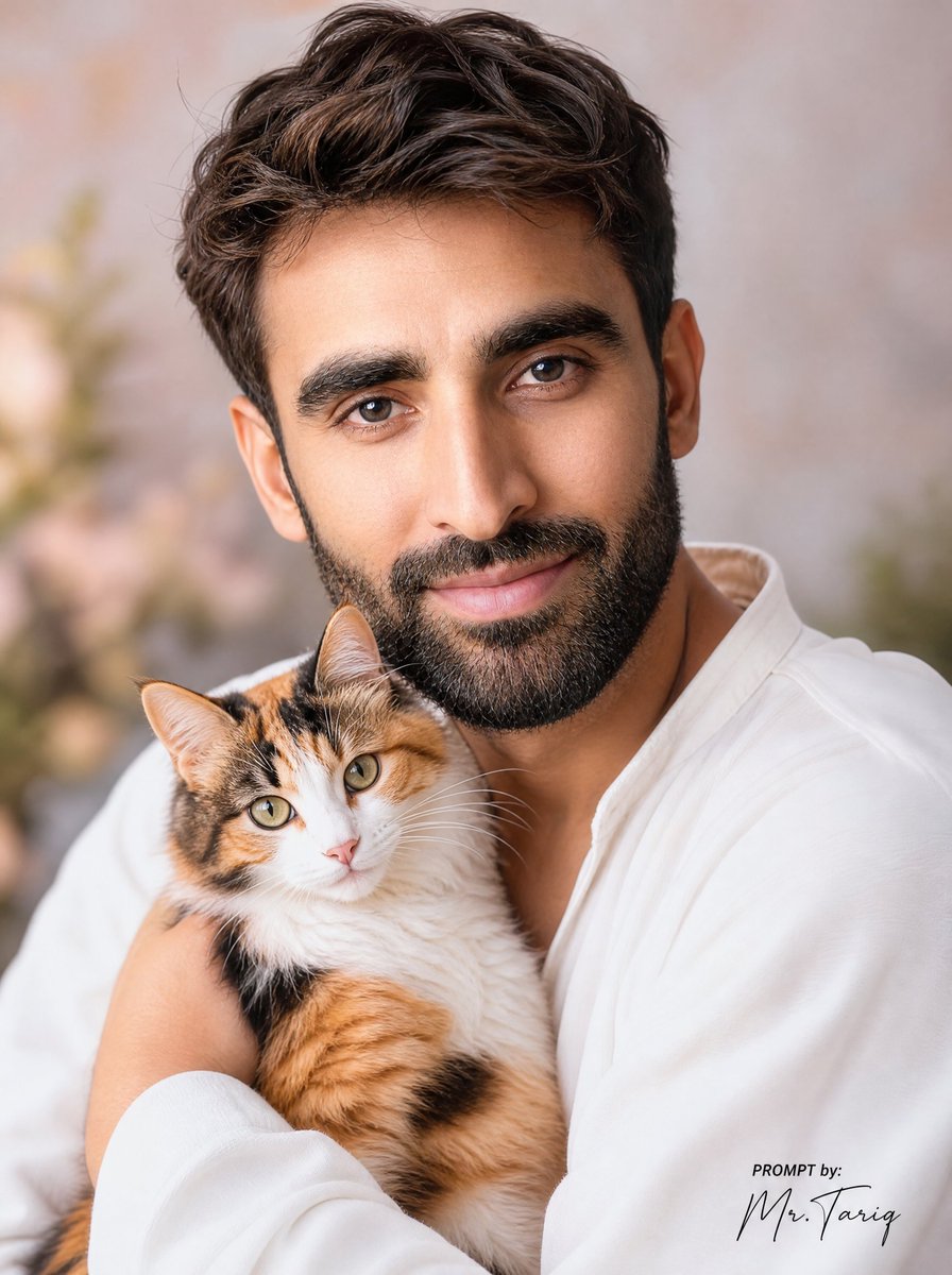 Vertical Portrait Photograph of a 25-year-old Man Holding One Calico Cat Close to His Chest