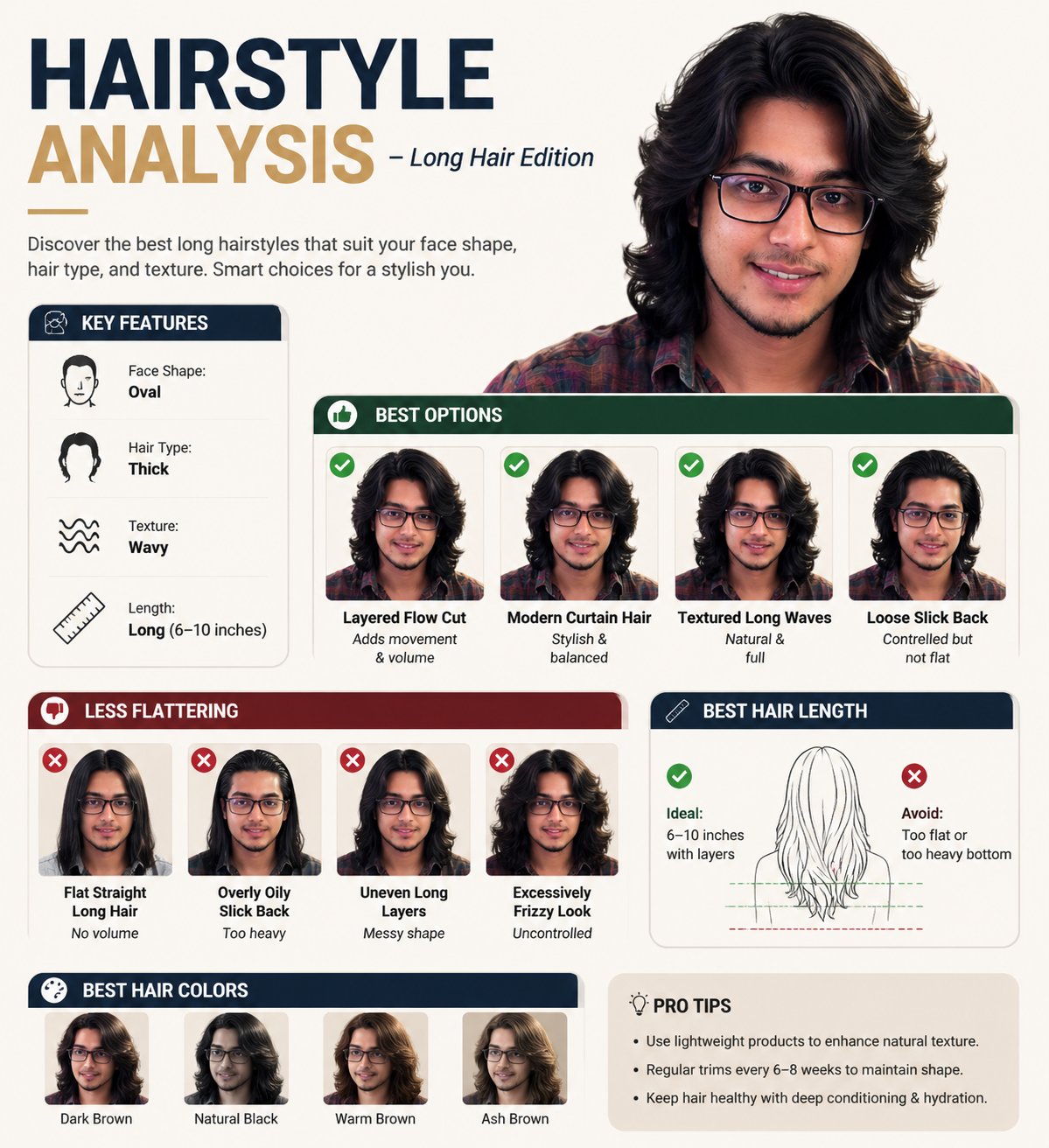 Professional Hairstyle Analysis Infographic with a Different Male Model the Same Face Having Long
