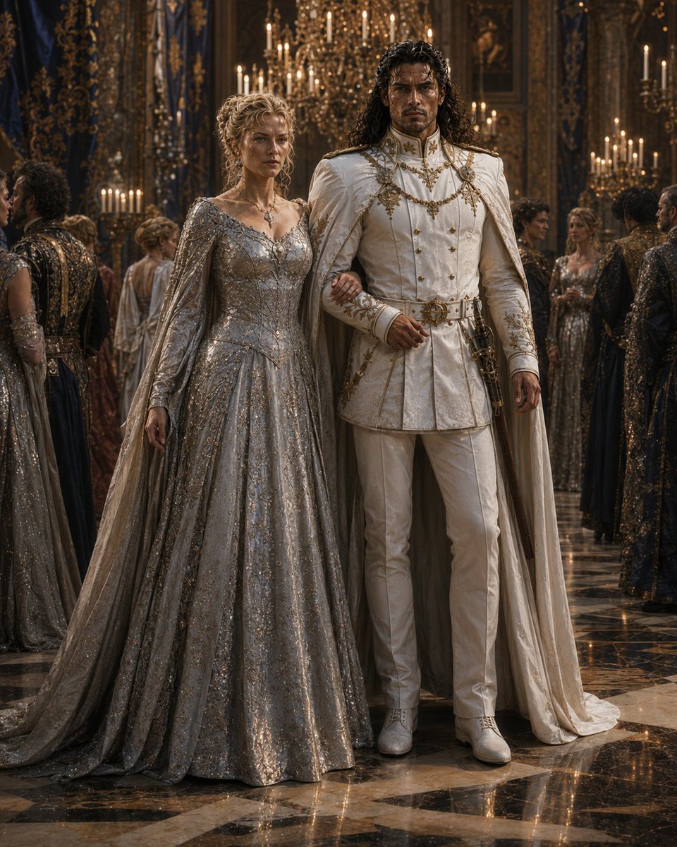 Ultra-detailed Fantasy Ballroom Scene Titled the Ball a Full-body Royal Couple Standing Arm-in-arm
