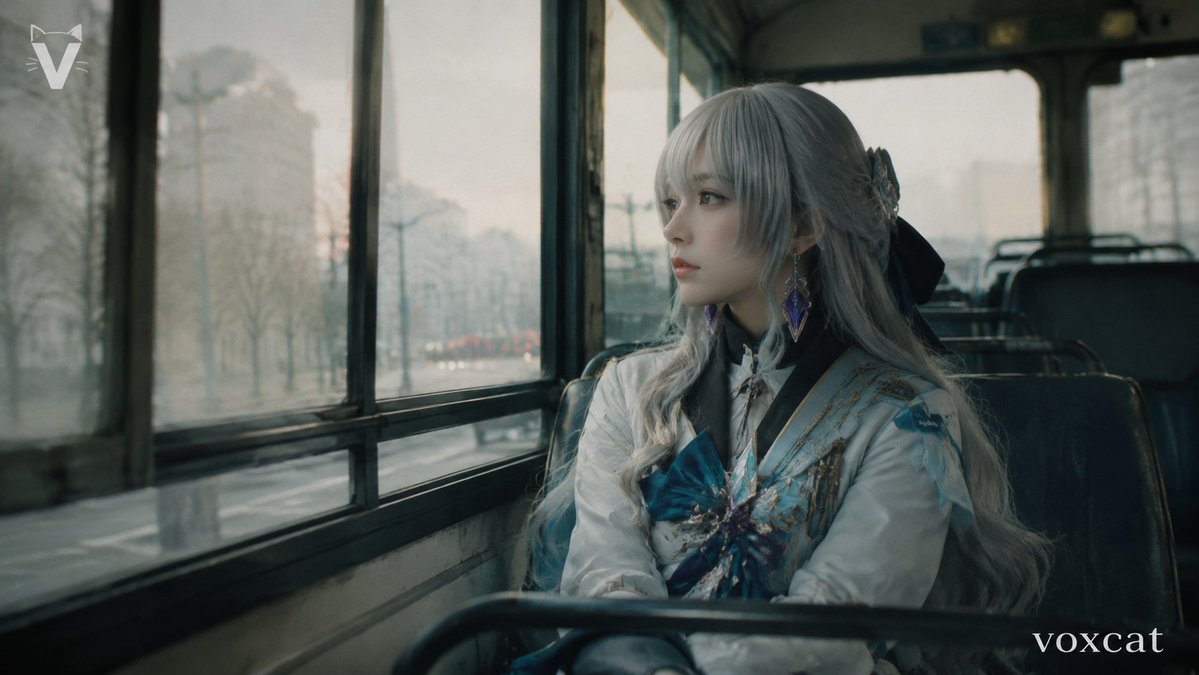 Live-action Cinematic Cosplay Photograph of an Elegant Silver-haired Fantasy Heroine Seated Alone on an Old