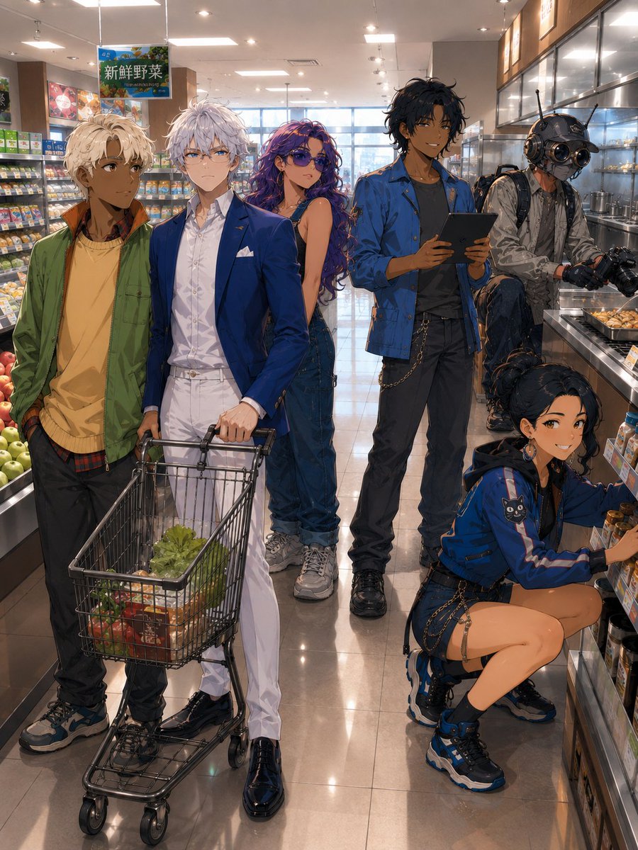 Detailed Anime-style Group Scene Inside a Bright Modern Japanese Supermarket Aisle