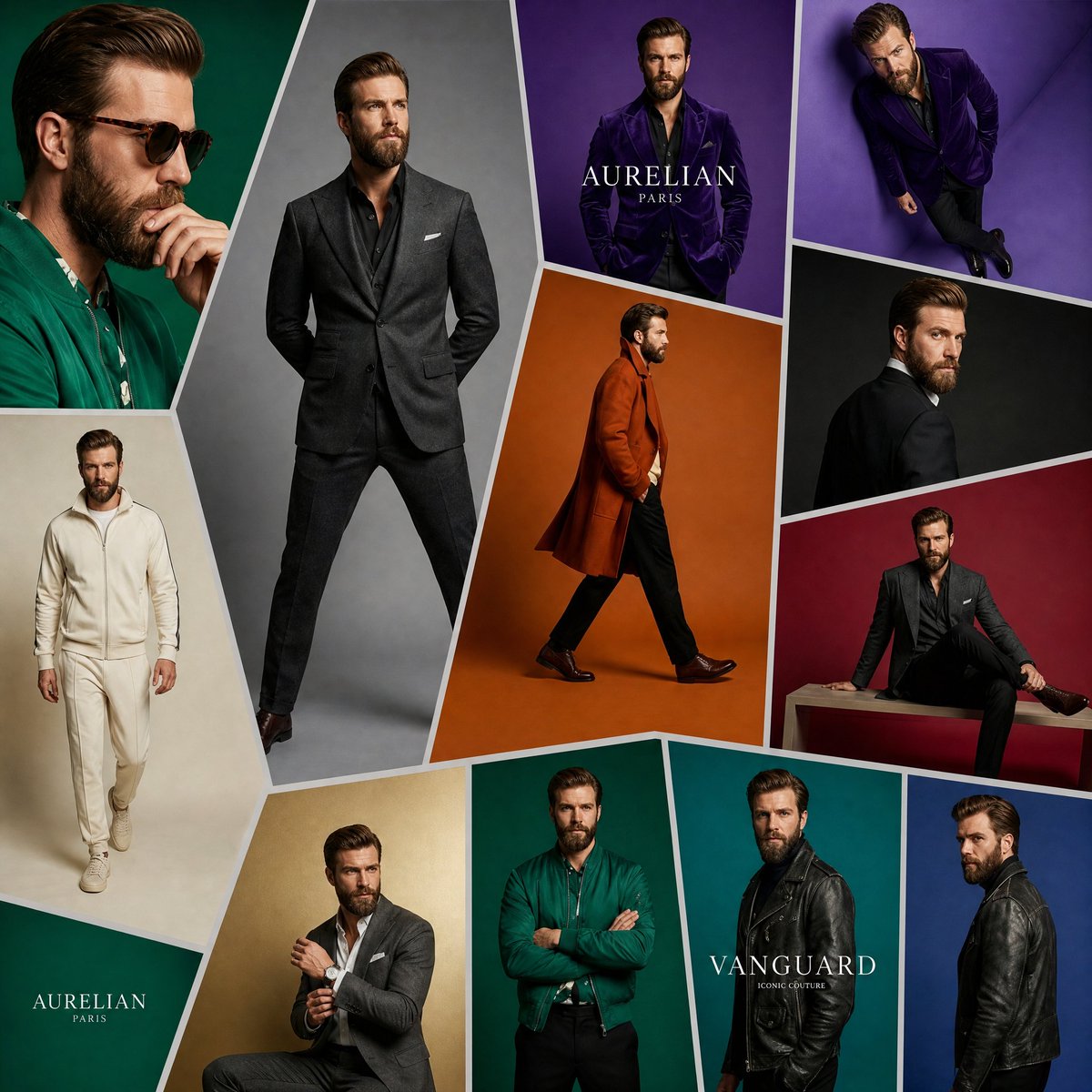 Goal Create a High-end Luxury Menswear Fashion Campaign Collage Featuring the Same Aurelian Vanguard Male