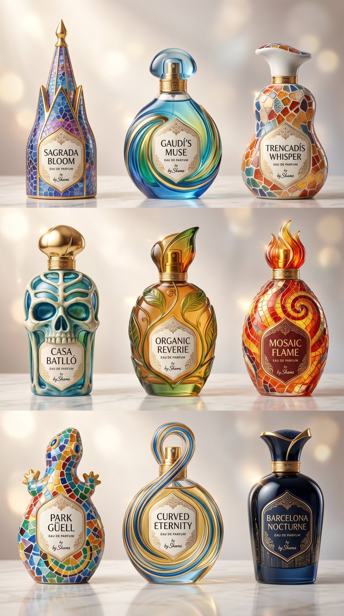 Goal Create a Luxurious Vertical Product Photography Poster Showing 9 Premium Perfume Bottles Inspired