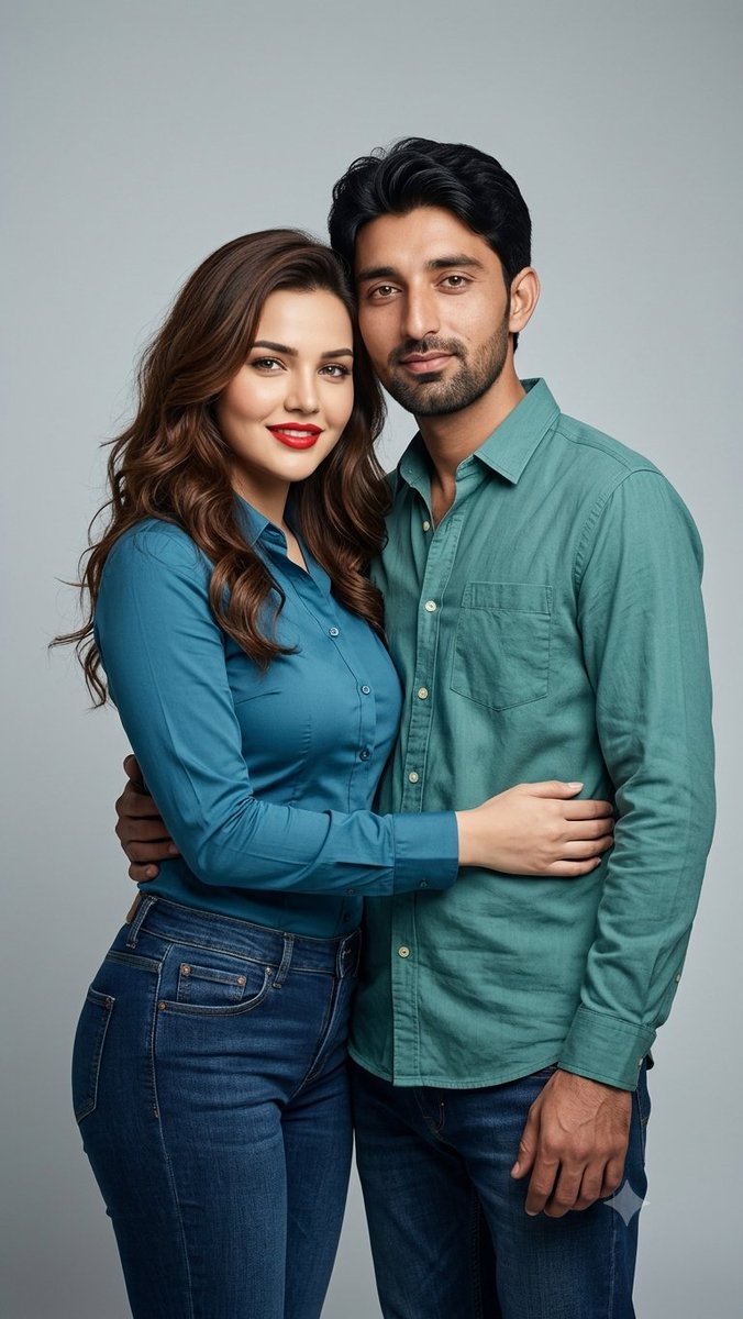 A Stylish Young Couple Posing Together in a Professional Studio Photoshoot