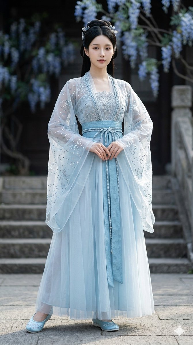 Clothing Details the Model Wears an Exquisite Pale Ice Blue Chest-high Ruqun