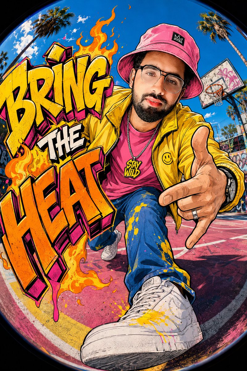 A Vibrant Mixed-media Street-art Illustration Featuring a Person with Uploaded Face as Reference Leaning Dynamically