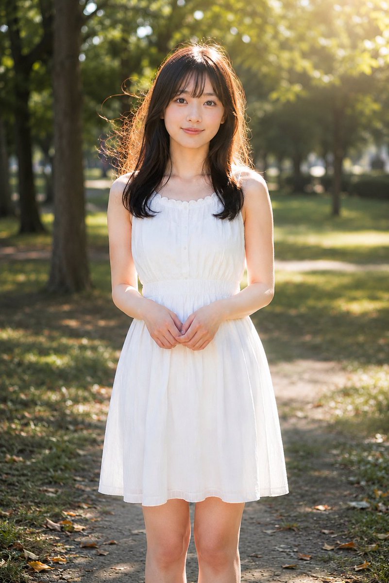 Vertical Portrait Photo of a Young Woman Standing Centered on a Tree-lined Park Path During