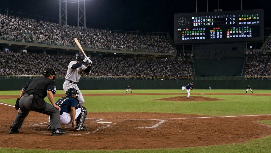 Highly Realistic Cinematic Sports Photograph of a Nighttime Professional Baseball Game in a Packed Stadium
