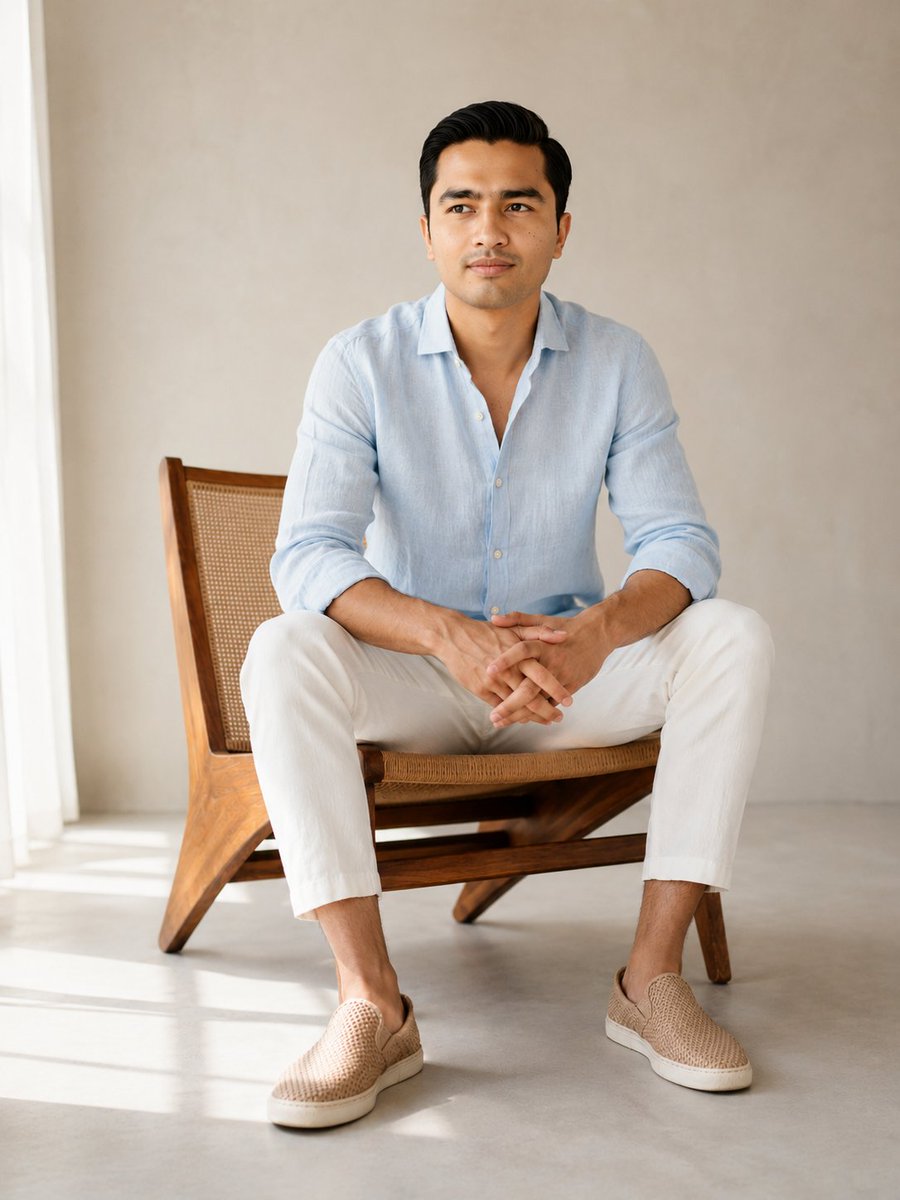 High-resolution Editorial Portrait of a Well-groomed Man Seated on a Low Mid-century Wooden Lounge Chair