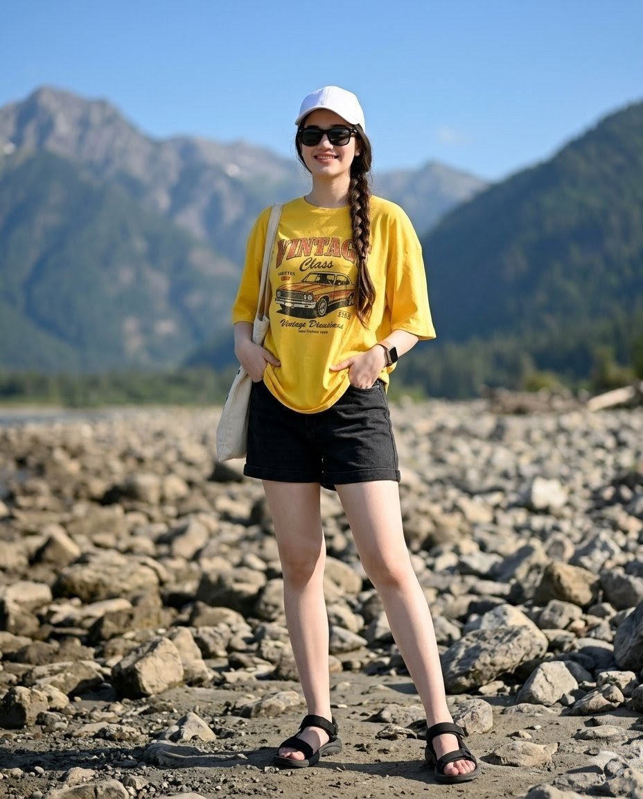 Full-body Fashion Travel Portrait of a Fair-skinned Beautiful Young Woman Standing Confidently on a Rocky