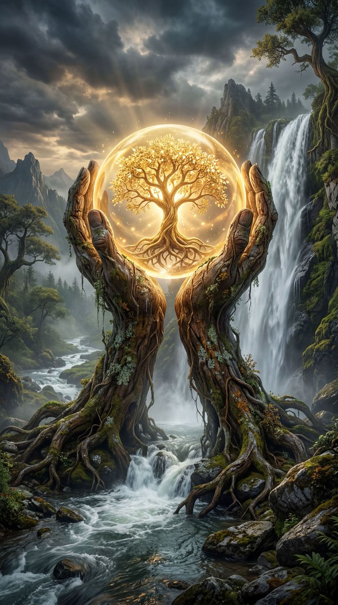An Ancient Towering Tree with Massive Twisted Roots Stands At the Center of a Lush