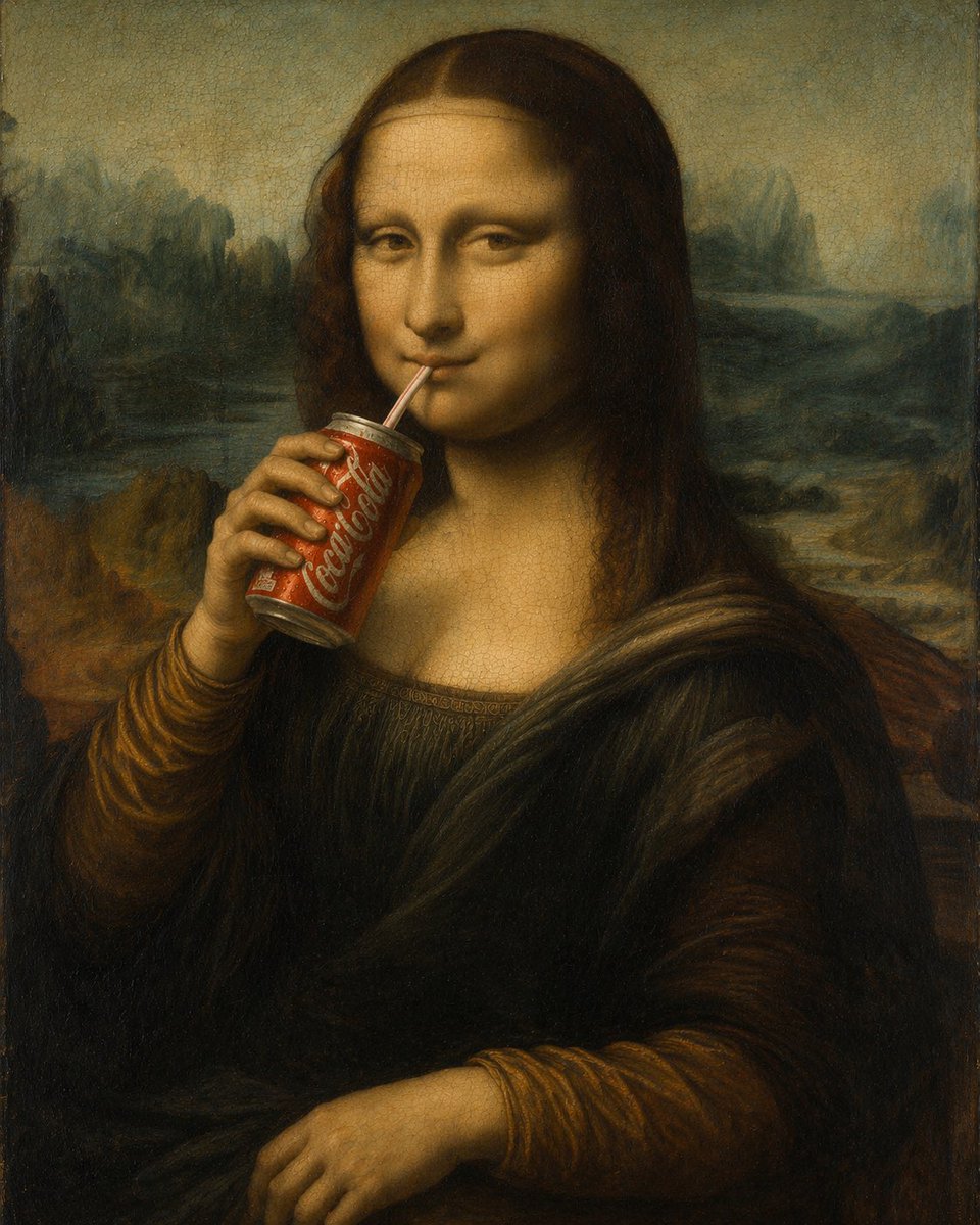 Oil Painting of Mona Lisa Drinking Cola
