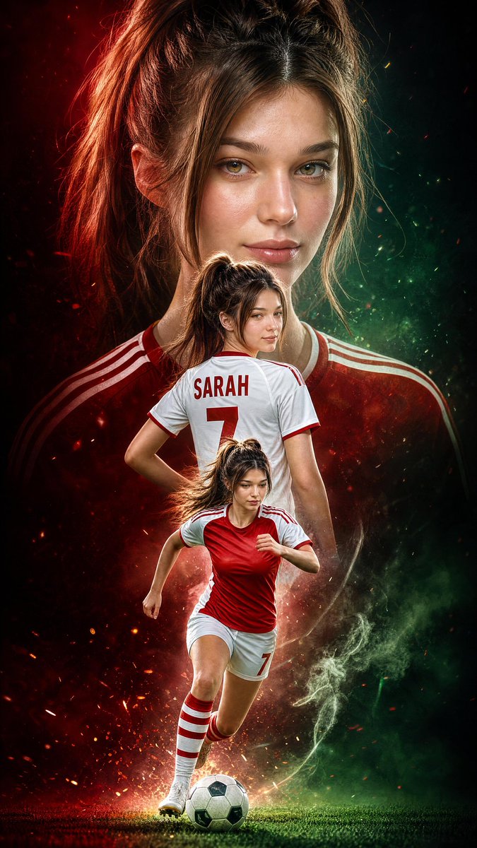 Cinematic Football Poster Featuring the Same Young Female Football Player Repeated in a Dramatic Triple-exposure