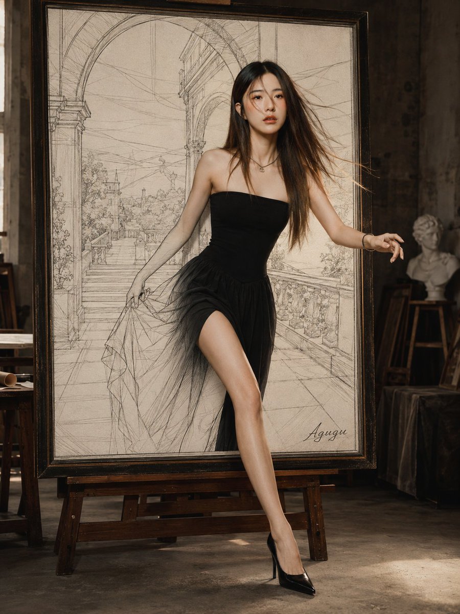 Fashion-fantasy Scene of a Beautiful Young Woman with Long Flowing Brown Hair Stepping Out