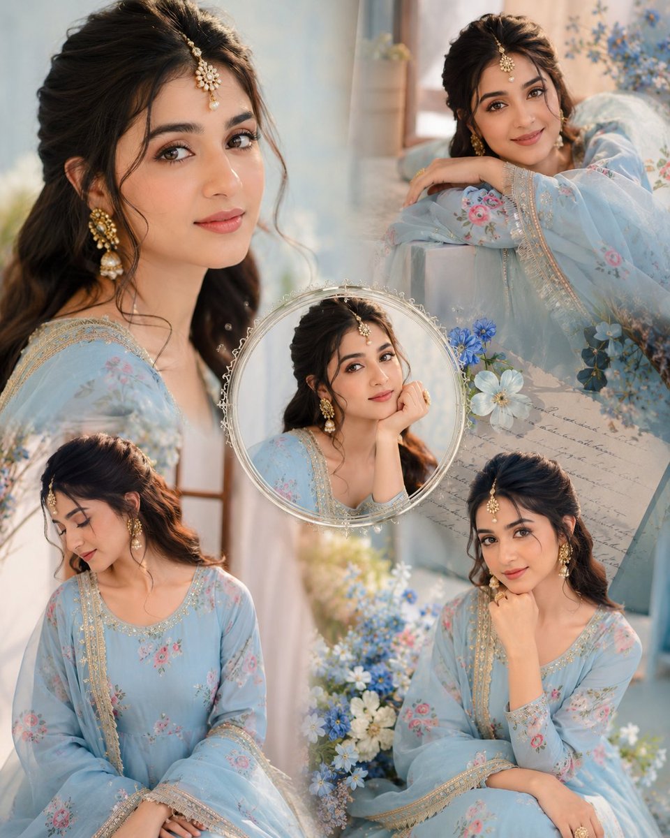 Dreamy Aesthetic Portrait Collage of a Beautiful Young Indian Girl Wearing a Soft Pastel Baby-blue