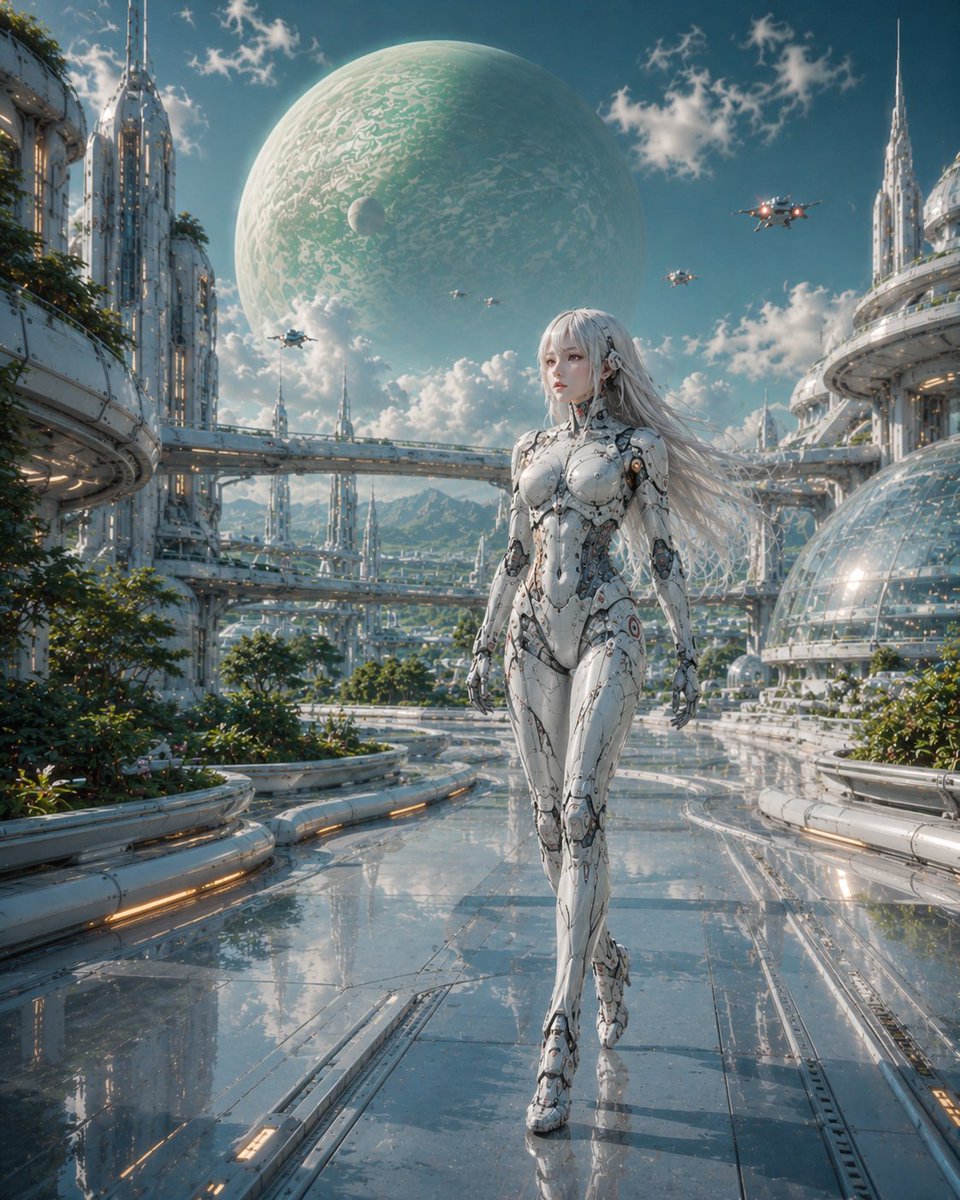 Ultra-detailed Sci-fi Scene Titled Conceptually “spaceship and Female Android” a Full-body Female Android Walking Confidently