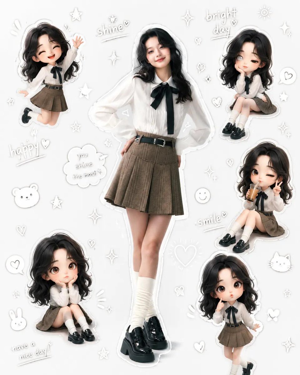 An Ultra-cute Aesthetic Character Collage Featuring a Beautiful Young Girl in a Soft Korean-inspired School