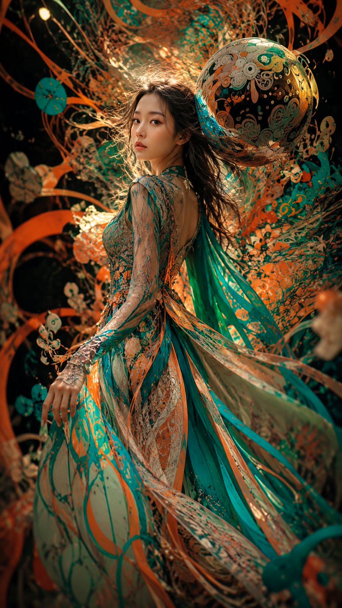 Vertical Cinematic Fantasy Fashion Portrait of a Graceful Woman Dancing in a Surreal Abstract Environment