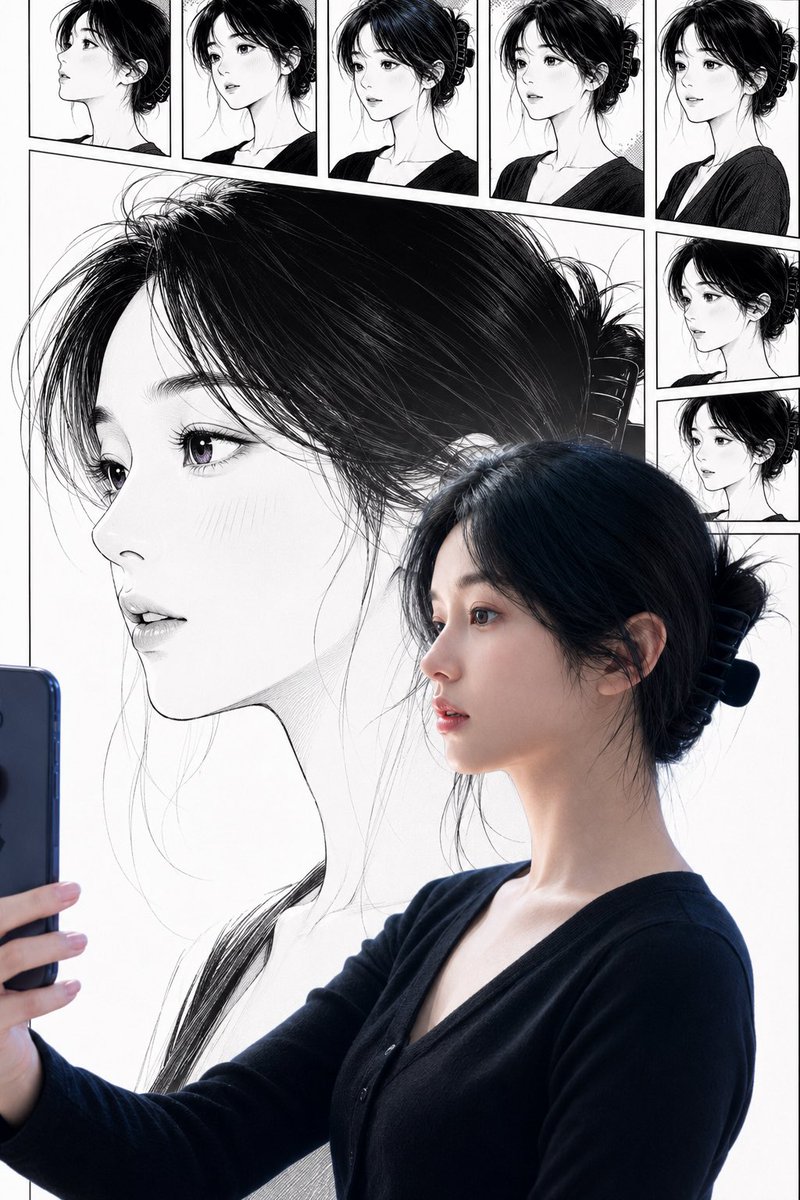 실사와 만화 혼합 셀카 인물