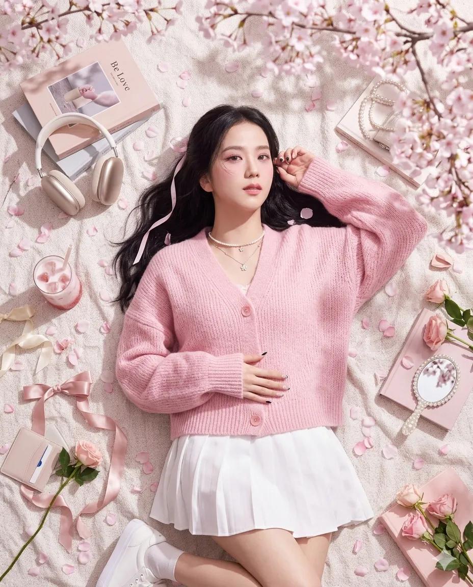 An Ultra-realistic Dreamy Flat-lay Aesthetic Portrait of a Beautiful Young Woman Lying Gracefully